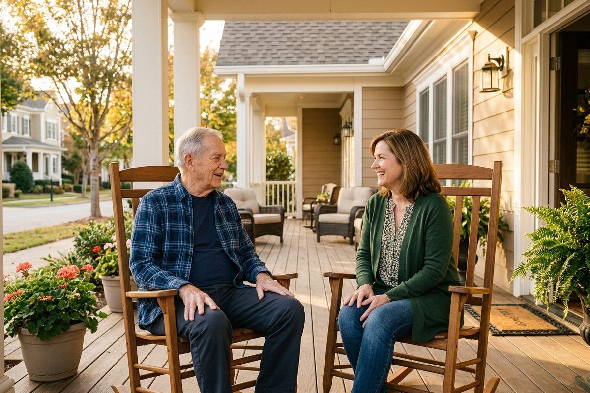 Two adults sitting in wooden rocking chairs on a porch, smiling and talking, surrounded by potted plants.