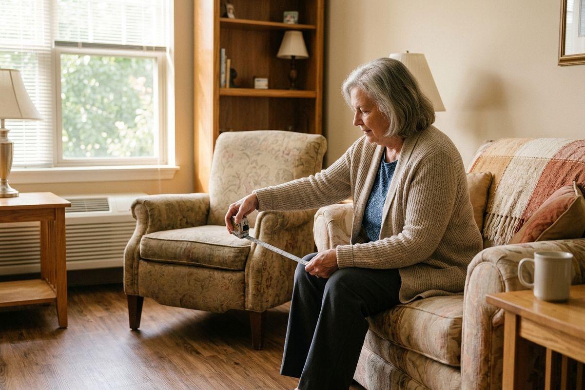 Older adult sitting on a sofa in a living room, using a tape measure to measure an armchair.