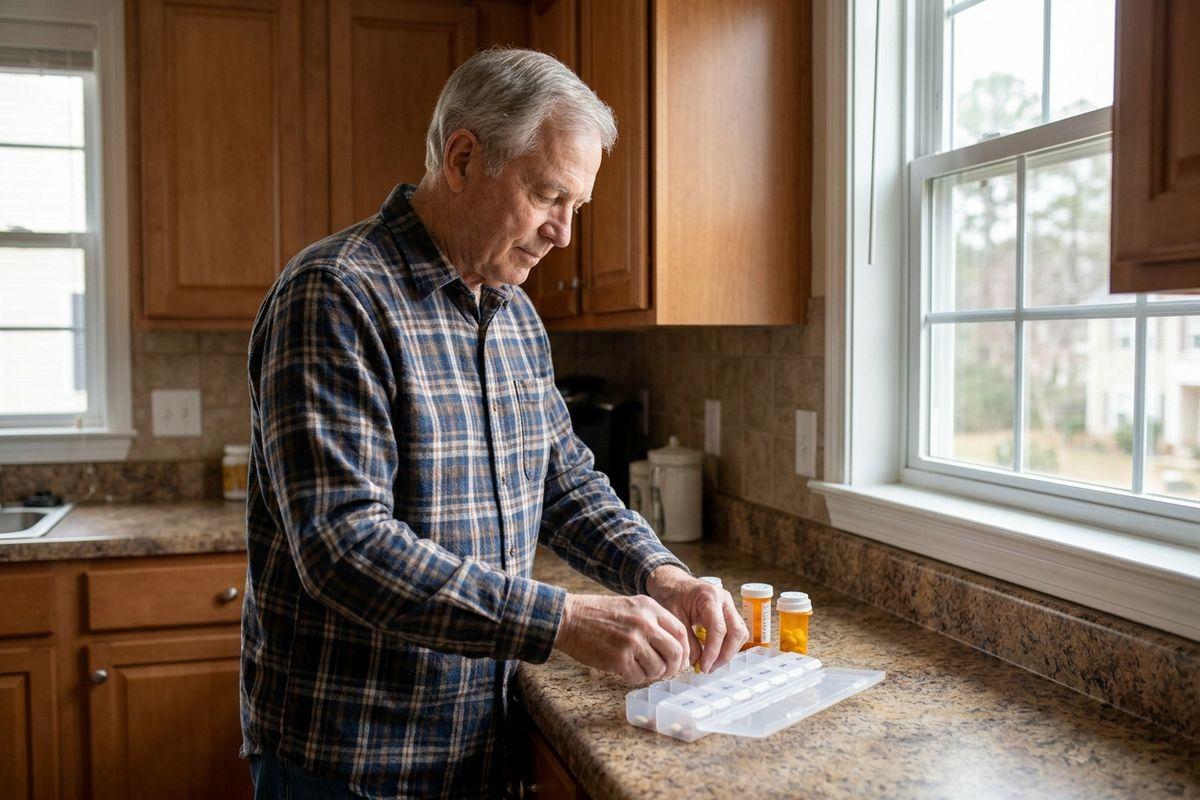 An older adult filling a weekly pill organizer from medication bottles on a kitchen counter by a window.