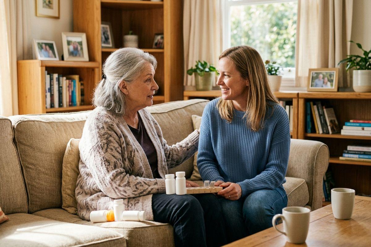 An older adult and a younger adult sit on a sofa with a pill organizer, medication bottles, and mugs on the table.